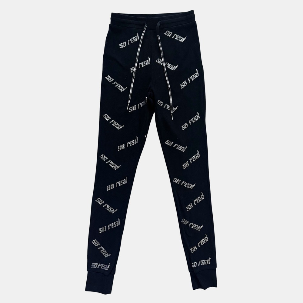 GSUWOO So Real Black Rhinestone Logo Joggers Slim Fit Sweatpants M S Bling Glam